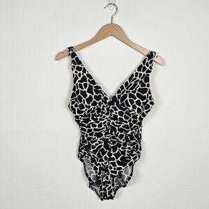 MiracleSuit Safari Ruched V-Neck One-Piece Swimsuit Giraffe 2353 BlackWhite Sz14